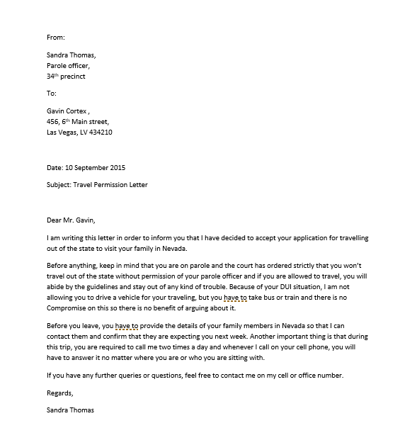 sample letter of request for permission to travel